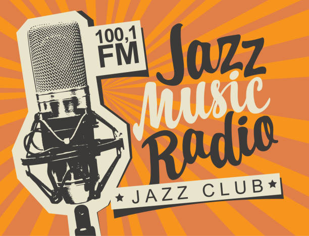 ilustraciones, imágenes clip art, dibujos animados e iconos de stock de banner para la radio de música jazz con micrófono de estudio - concierto de música pop