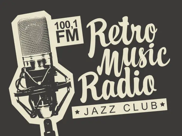 Vector illustration of banner for retro music radio with microphone