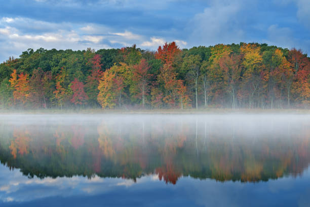 istock Autumn Reflections Deep Lake in Fog 1189357249