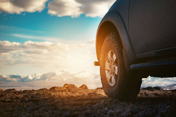 4x4 car wheel against mountains 4x4 car wheel at offroad terrain against mountains altay state nature reserve stock pictures, royalty-free photos & images