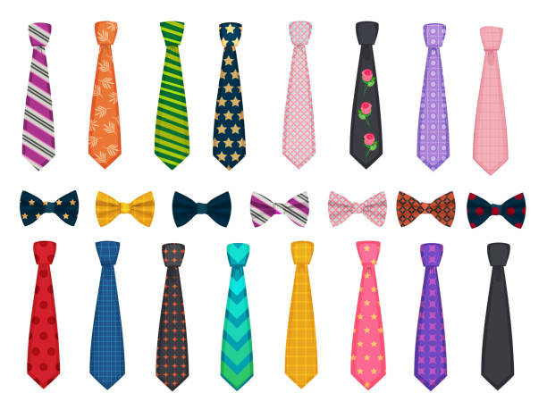 Tie collection. Men suits accessories bows and ties fashioned vector illustrations Tie collection. Men suits accessories bows and ties fashioned vector illustrations. Necktie accessory, clothes striped, tie bow collection bow tie stock illustrations