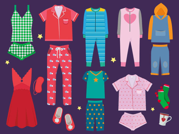 ilustraciones, imágenes clip art, dibujos animados e iconos de stock de conjunto de pijamas. colección de ropa para dormir para niños y adultos ropa de dormir textil vector vector ilustraciones de dibujos animados - ropa de dormir