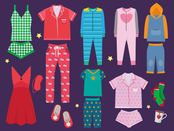 Pajamas set. Sleeping clothes collection for children and adults sleepwear textile vector colored cartoon illustrations Pajamas set. Sleeping clothes collection for children and adults sleepwear textile vector colored cartoon illustration. Fashion clothes for bedtime, textile apparel sleepwear pajamas illustrations stock illustrations