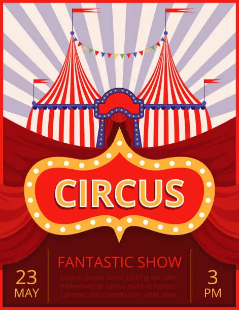 Vector illustration of Circus invitation. Festival or party event poster template with stripe tent pictures and place for text vector circus theme