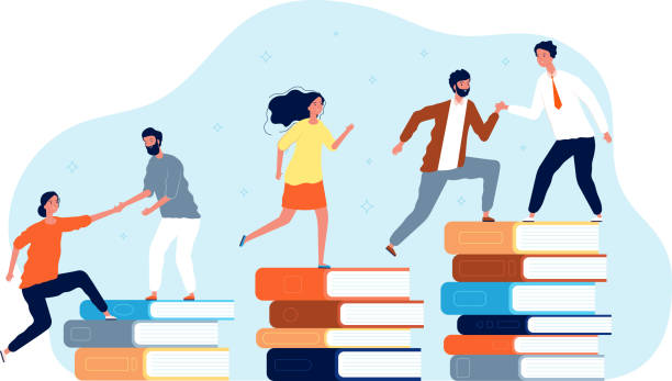 Climbing books. Peoples in library going top. Education vector concept Climbing books. Peoples in library going top. Education vector concept. Top book education, knowledge success, illustration student climb climbing staircase stock illustrations