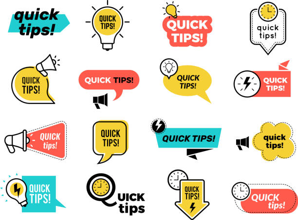 Quick tips badges. Graphic stickers ideas reminders quickly thinks solutions learning logos vector collection Quick tips badges. Graphic stickers ideas reminders quickly thinks solutions learning logos vector collection. Quick tips badge, advice and idea illustration megaphone patterns stock illustrations