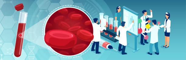 Vector of a medical test tube with red blood cells and a team of lab medical personnel performing diagnostic tests Vector of a medical test tube with red blood cells and a team of lab medical personnel performing diagnostic tests sickle cell stock illustrations