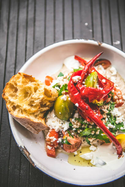 Delicious Plate Of Hummus And Grilled Vegetables, The Perfect Vegetarian Lunch