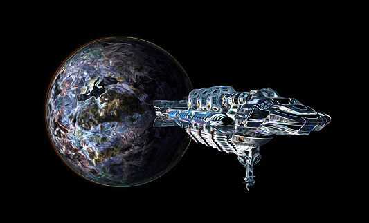 Poster art with alien spaceship or UFO spacecraft, digitally painted on black with the clipping path included in the 3D illustration.