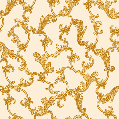 Vector seamless pattern from golden Baroque scrolls, acanthus leaf and floral elements on a beige background. Scarf, bandana, neckerchief, kerchief silk print design, wallpaper, wrapping paper