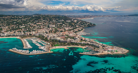 Cannes aerial view. Cote d'Azur, French Riviera from aerial view. Monte carlo, Monaco, Cannes, Nice. Provence and popular destination for travel in Europe. Mediterranean resort. Provence-Alpes-Cote d'Azur, France.