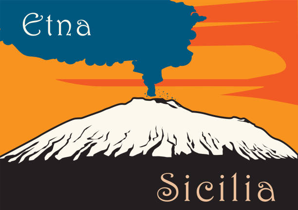 stockillustraties, clipart, cartoons en iconen met vulkaan etna met rook - sicilië