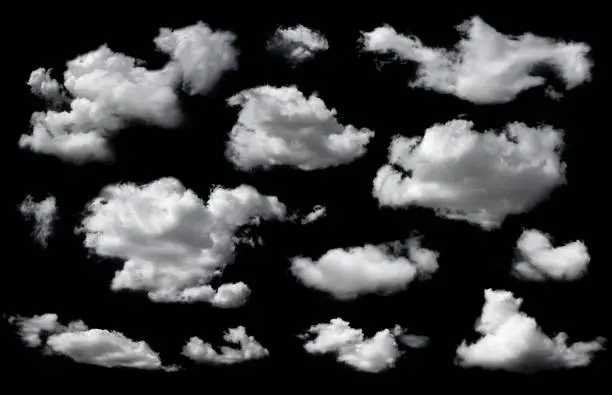 Clouds set isolated on black background. White cloudiness, mist or smog background.