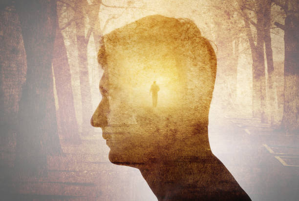 istock Man silhouette on gothic landscape background. 1189377709