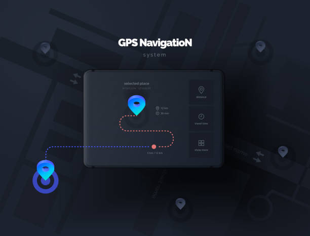 ilustrações, clipart, desenhos animados e ícones de dispositivo móvel com um aplicativo de layout para orientar. sistema de navegação gps. aplicativo móvel para navegação. rastreador inteligente gps. o telefone celular é uma marca no mapa. ilustração moderna do vetor - global positioning system cartography map globe