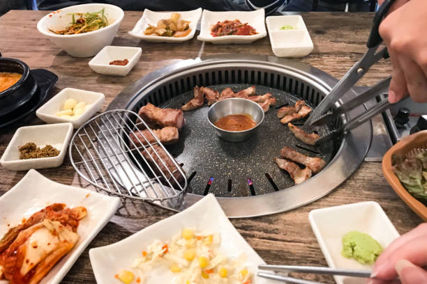 korean BBQ at table in local restaurant in Seoul korean BBQ at table in local restaurant in Seoul city (snapshot by mobile smartphone) banchan stock pictures, royalty-free photos & images