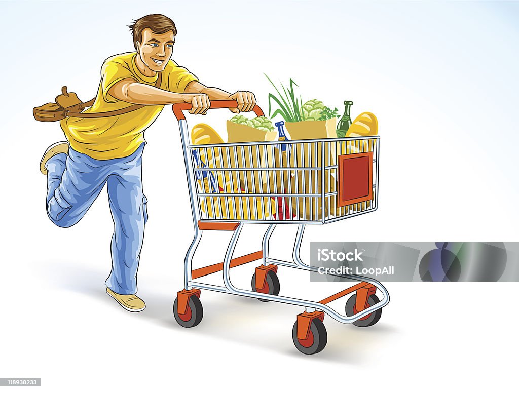 running homme avec panier plein de produits - clipart vectoriel de Caddie libre de droits