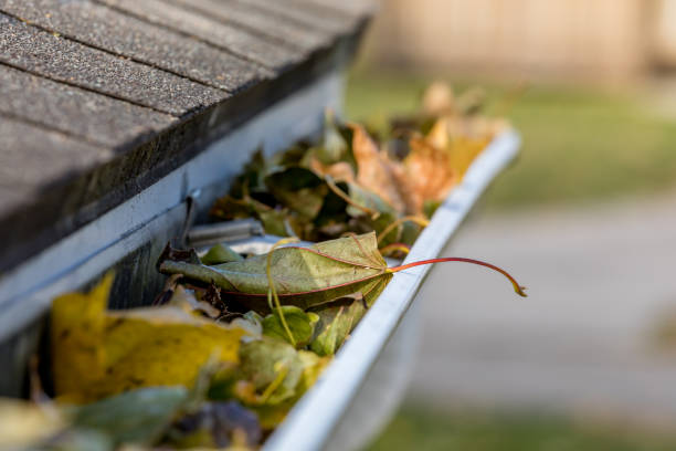 istock Closeup of house rain gutter clogged with colorful leaves falling from trees in fall. Concept of home maintenace and repair 1189383475