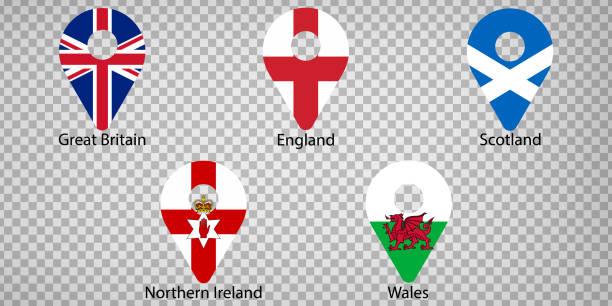 illustrations, cliparts, dessins animés et icônes de définir des drapeaux de la grande-bretagne, l'ecosse, le pays de galles, l'angleterre, l'irlande du nord - avec signature.  ensemble de panneaux de géolocalisation 2d comme des drapeaux nationaux de grande-bretagne.  cinq signes de géolocalisation 2d du - uk map regions england