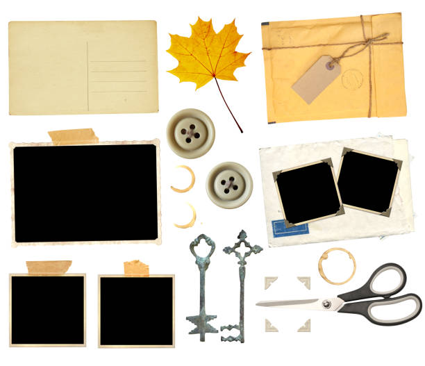 sammlung von elementen für scrapbooking - scrapbooking office supply art and craft equipment scissors stock-fotos und bilder