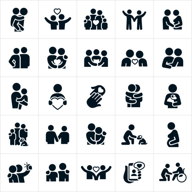 An icon set of families, couples, friends and others showing forth love and concern for one another. The icons include families together, a parent giving a child a piggy back ride, a couple with their arms around each other, two people holding hands, a husband feeling the belly of his pregnant wife, a wedding ceremony, a couple leaning in for a kiss, a mother holding her child in her arms, two people hugging, a pet owner holding their dog, a child petting a dog, a pregnant woman feeling her stomach, two people taking a selfie together, an online relationship and a person reaching out to a disabled person in a wheel chair.