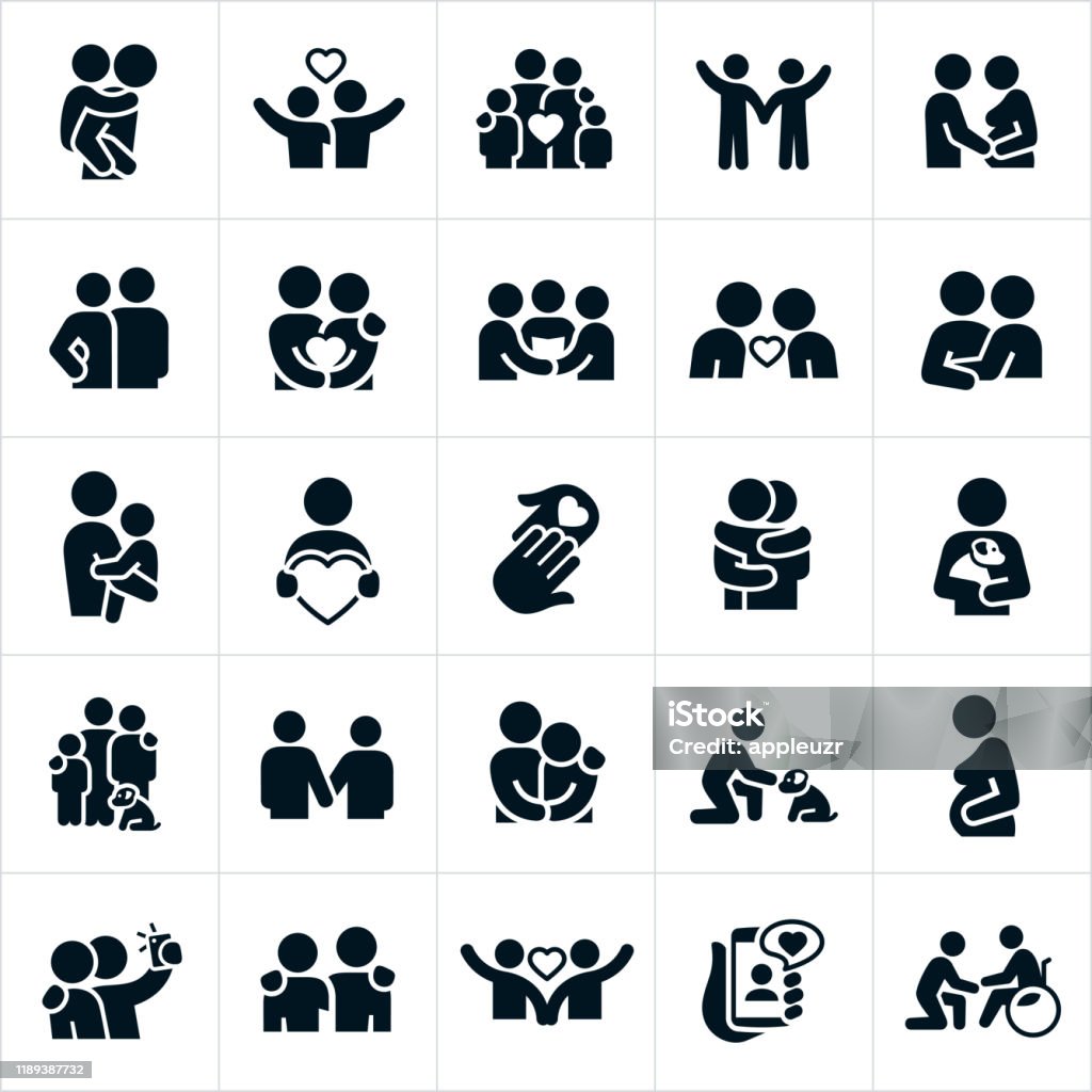 Love and Relationships Icons An icon set of families, couples, friends and others showing forth love and concern for one another. The icons include families together, a parent giving a child a piggy back ride, a couple with their arms around each other, two people holding hands, a husband feeling the belly of his pregnant wife, a wedding ceremony, a couple leaning in for a kiss, a mother holding her child in her arms, two people hugging, a pet owner holding their dog, a child petting a dog, a pregnant woman feeling her stomach, two people taking a selfie together, an online relationship and a person reaching out to a disabled person in a wheel chair. Icon Symbol stock vector