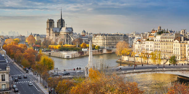 vista cénico de notre-dame de paris em um dia brilhante da queda - paris france panoramic seine river bridge - fotografias e filmes do acervo