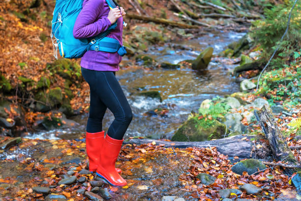 Legs tourist girl in boots and military pants with a backpack steps, holding fishing rods in his hands, through a small stream in the wild forest.