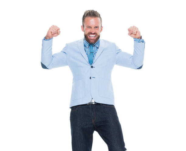 one man only / one person / waist up / front view of 30-39 years old adult handsome people brown hair / with beard / short hair caucasian male / young men businessman / business person standing and celebration / cheering / showing fist - thank you excitement waist up horizontal imagens e fotografias de stock