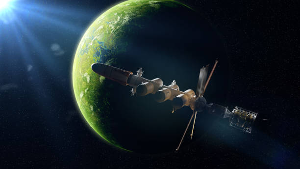 istock spaceship in orbit of a green alien planet, finding life in outer space 1189397659