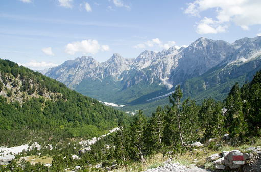 View of green valley Valbona in Valbona Valley National Park in Albanian Alps , Albania, Europe