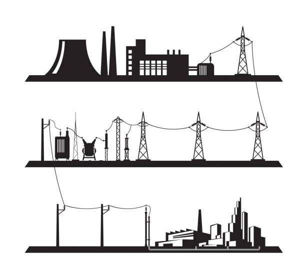 ilustrações de stock, clip art, desenhos animados e ícones de electrical power grid - torre de transmissão de eletricidade