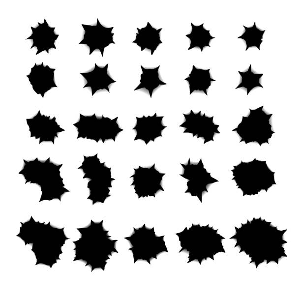 ilustrações de stock, clip art, desenhos animados e ícones de set of bullet holes and gunshot stencil traces made in paper. - two dimensional shape paper exploding nobody