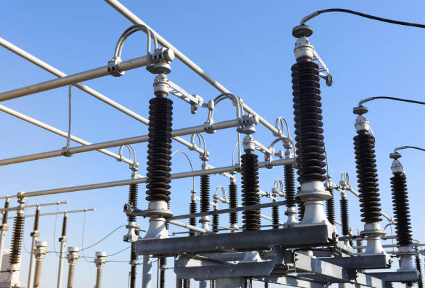 istock Distribution electric substation. Power lines and high voltage circuit breaker 1189403814