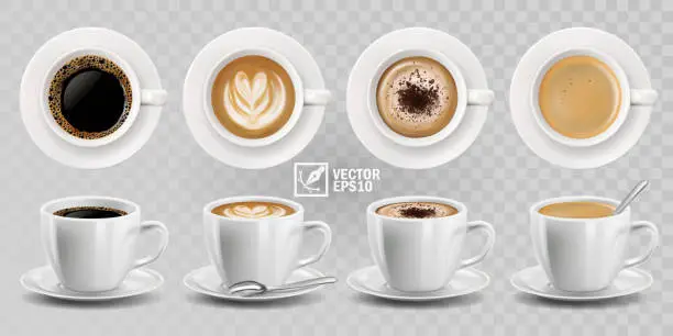 Vector illustration of 3d realistic vector isolated white cups of coffee with spoon, top and side view, cappuccino, americano, espresso, mocha, latte, cocoa