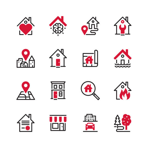 Real Estate - black line plus color Vector icon set. Files included: Vector EPS 10, HD JPEG 4000 x 4000 px emergency plan document stock illustrations