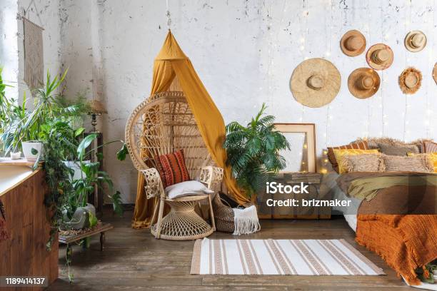 Cozy House With Room In Boho Style Interior Stock Photo - Download Image Now - Boho, Living Room, Bedroom