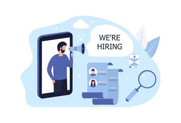 Vector illustration of The concept of hiring recruitment, human resources. A man with a handheld megaphone says we're hiring, the company chooses a resume with a magnifying glass. Vector flat illustration for social media, landing page, ui, web.
