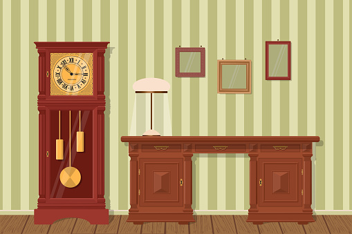 Interior design. Antique desk, grandfather clock, lamp with lampshade and frames on background of striped wallpaper. Vector illustration