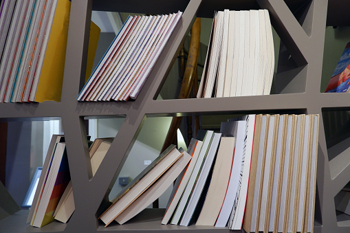 Back shot of books lined up on wooden shelves with geometric design in a book shop.