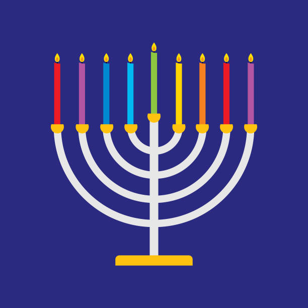 ilustraciones, imágenes clip art, dibujos animados e iconos de stock de icono colorido de menorah - hanukkah menorah candle blue