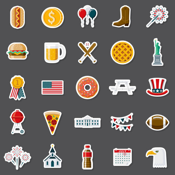 America Sticker Set A set of flat design icons in a sticker type format. File is built in the CMYK color space for optimal printing. Color swatches are global so it’s easy to edit and change the colors. usa flag shoes stock illustrations