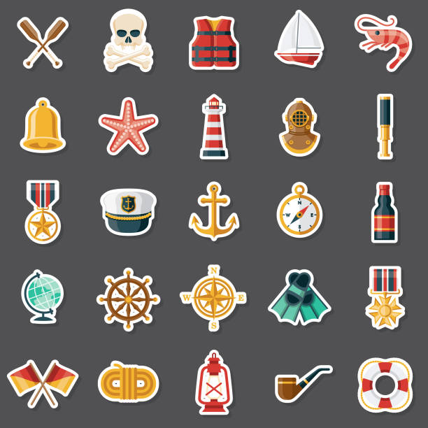 Nautical Sticker Set A set of flat design icons in a sticker type format. File is built in the CMYK color space for optimal printing. Color swatches are global so it’s easy to edit and change the colors. bellcaptain stock illustrations