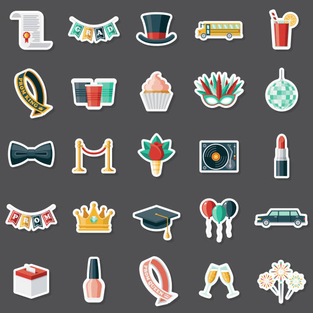 Prom Night Sticker Set A set of flat design icons in a sticker type format. File is built in the CMYK color space for optimal printing. Color swatches are global so it’s easy to edit and change the colors. prom stock illustrations