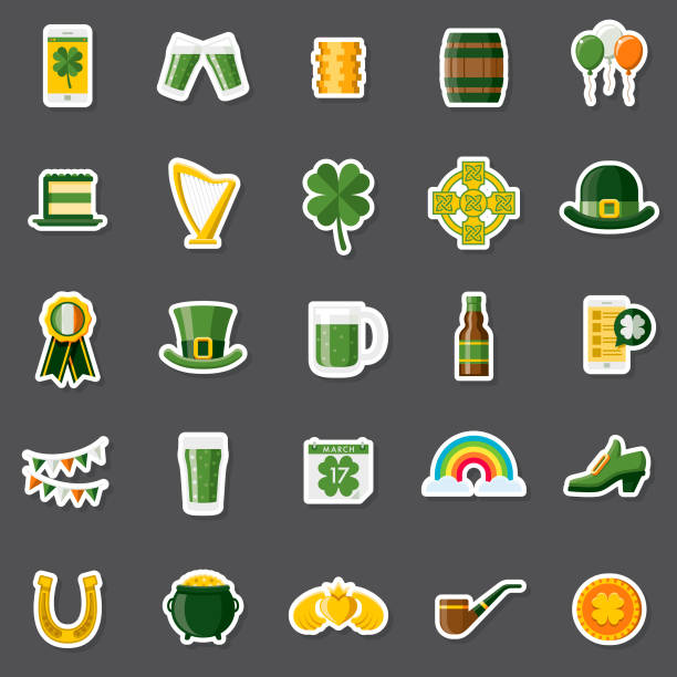 Saint Patrick's Day Sticker Set A set of flat design icons in a sticker type format. File is built in the CMYK color space for optimal printing. Color swatches are global so it’s easy to edit and change the colors. irish shamrock clip art stock illustrations