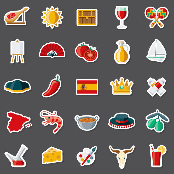 Spain Sticker Set A set of flat design icons in a sticker type format. File is built in the CMYK color space for optimal printing. Color swatches are global so it’s easy to edit and change the colors. spanish food stock illustrations