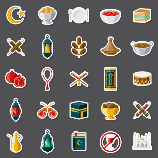 Ramadan Sticker Set A set of flat design icons in a sticker type format. File is built in the CMYK color space for optimal printing. Color swatches are global so it’s easy to edit and change the colors. baklava stock illustrations