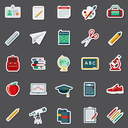 A set of flat design icons in a sticker type format. File is built in the CMYK color space for optimal printing. Color swatches are global so it’s easy to edit and change the colors.