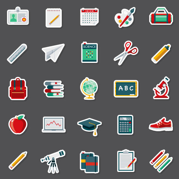 School Supplies Sticker Set A set of flat design icons in a sticker type format. File is built in the CMYK color space for optimal printing. Color swatches are global so it’s easy to edit and change the colors. school supply clip art stock illustrations