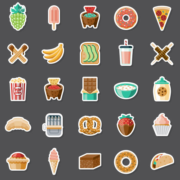 ilustrações, clipart, desenhos animados e ícones de conjunto de adesivos de lanches - donut sweet food dessert snack